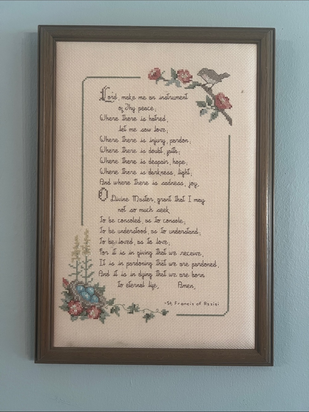 Framed Cross-Stitch Prayer Artwork with Floral & Bird Motif Professional framing